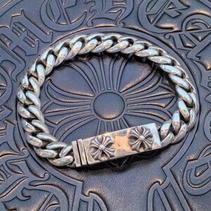 Chrome Hearts 1996 Sterling Silver Link ID Bracelet Sword Design Sapphires